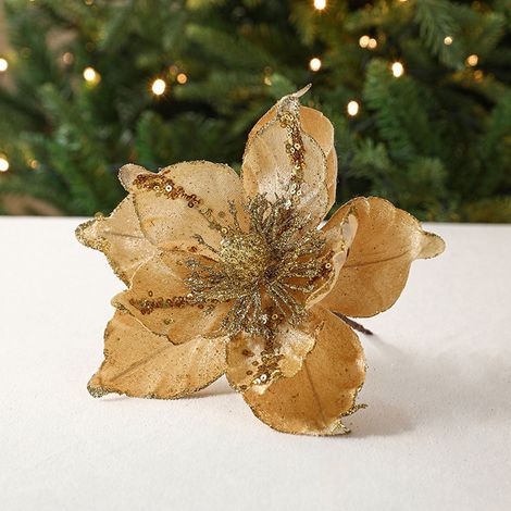 Fleur Artificielle - Poinsettia - 22 cm - Tige 12 cm - Diamètre Fleur 20 cm - Décoration Noël Fête Mariage - Or - Lot de 1 (1/4)