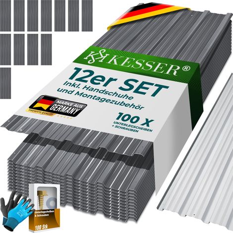 KESSER® 12 x lamiera profilata trapezoidale 129cm x 45cm = 7 m² - lamiera per capannone  pannelli per tetto in acciaio zincato 0  25mm incl. guanti per il montaggio  grigio