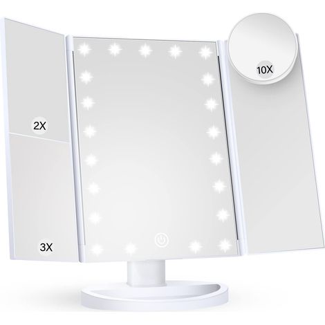 Specchio per il trucco con luce, ingrandimento 2X, 3X, 10X, controllo touch, triplo, bianco, 24 cm x 34 cm, stile moderno, montaggio su cassettiera, bagno