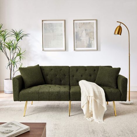 Canapé 2 places en tissu bouclé Teddy vert, dossier réglable 3 positions, 2 coussins, pieds en métal doré (1/5)