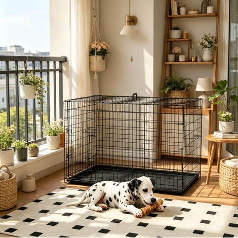 Gabbia pieghevole per cani in metallo con vassoio estraibile, nera, 121 x 77 x 82 cm (1/5)