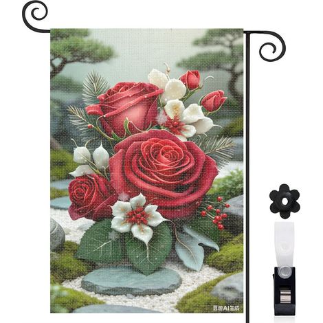 Bannière de cour hiver magique et roses rouges 30 x 45 cm décoration maison de campagne (1/5)
