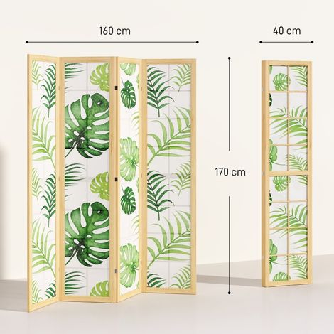 Paravent pliable 4 panneaux, déco bohème ethnique, motif feuilles tropicales, autoportant, structure bois, teinte verte (1/5)