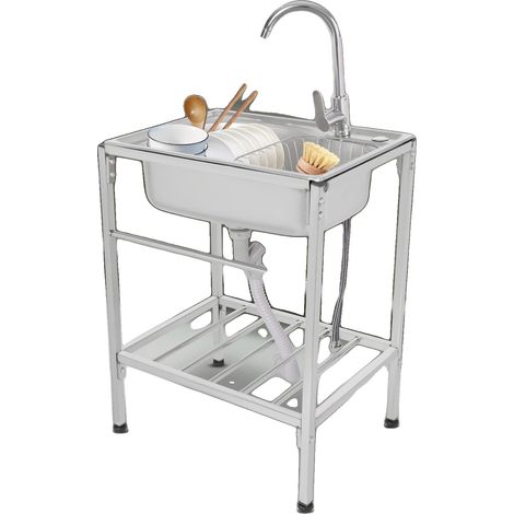 Évier autonome, acier inoxydable 304, taille de l'évier 60 x 45 cm, capacité de charge 60 kg, robinet eau chaude et froide, diamètre de drain 110 mm (1/5)