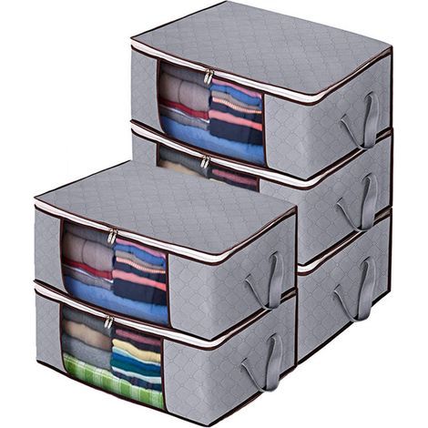 5 sacs rangement vêtements pliables, sous lit/placard, poignée renforcée, gris. (1/5)