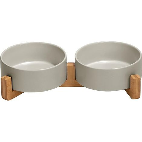Gamelle en céramique pour chien et chat avec support en bois, finition mate antidérapante, lestée pour nourriture et eau, 383 ml (13,5 oz). (1/5)