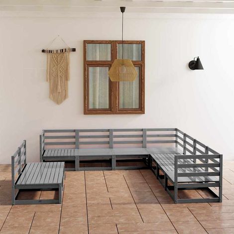 vidaXL Juego de muebles de jardín 9 piezas gris madera maciza de pino (1/4)