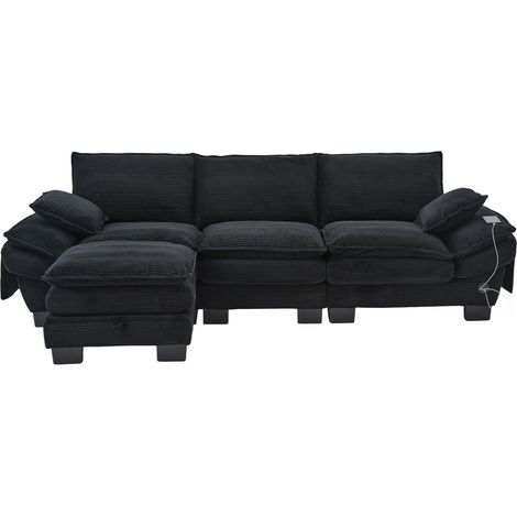 3-Sitzer-Modulsofa aus schwarzem Cordoptik-Stoff mit Hocker, USB-C und Seitentaschen (1/5)