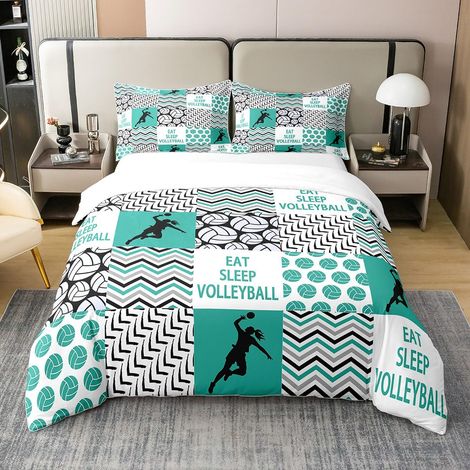 Parure de lit 100 % coton avec housse de couette de 135 x 200 cm, pour fille et garçon, motif volleyball et ballon de volleyball Bleu/vert (1/5)