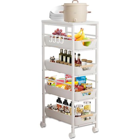 Desserte Cuisine 5 Niveaux avec 4 tiroirs, Plaque en Bois et 2 Roues de Frein, Chariot de Cuisine étroit, pour Petits espaces, Salle de Bain, Salon, buanderie (Blanc, L : 38 x 32 x 81,5 cm) (1/5)