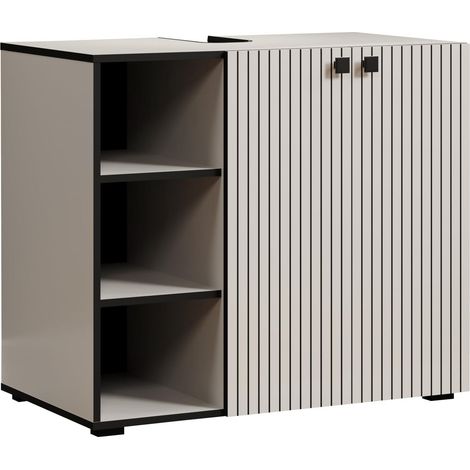 Meuble sous-lavabo - Cachemire Gris Clair Aspect rainuré - 3 Compartiments Ouverts + 1 étagère - (l x H x P) 90 x 79 x 53 cm - Poignées métalliques élégantes (1/5)