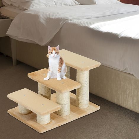 Escalier pour chien PawHut, 3 marches, 34 cm de hauteur, pliable, pour chats et chiens, rampe d'accès pour lit, canapé, fauteuil, couleur crème (1/5)
