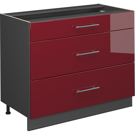 Mueble bajo de cocina Fame-Line, Rojo Burdeos alto brillo/Antracita, 100 cm sin encimera, Vicco
