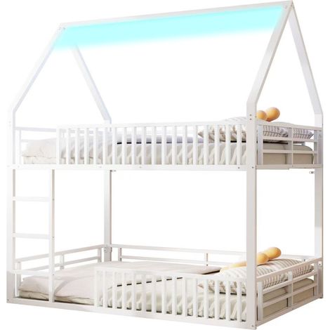 Lit superposé maison 140x200 avec toit, barrière de sécurité et LED 7 couleurs, blanc, structure métal robuste pour chambre d'enfant - CHICFURN (1/5)