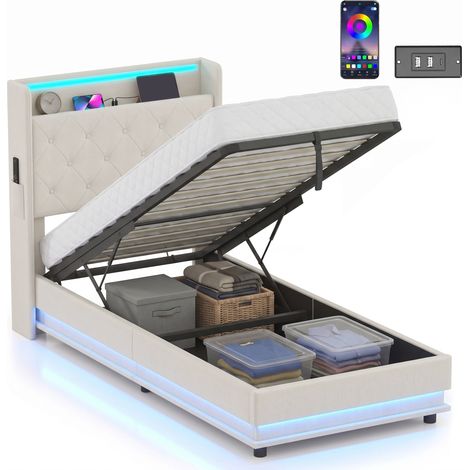 HOMCOM Lift up Storage Bed Frame with RGB LED Lights 90 x 190cm Cream White (1/5)