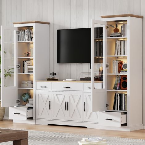 Ensemble de salon : 2 vitrines LED blanc mat, buffet salle à manger blanc moderne, meuble multifonction bois, salon/salle à manger (1/4)