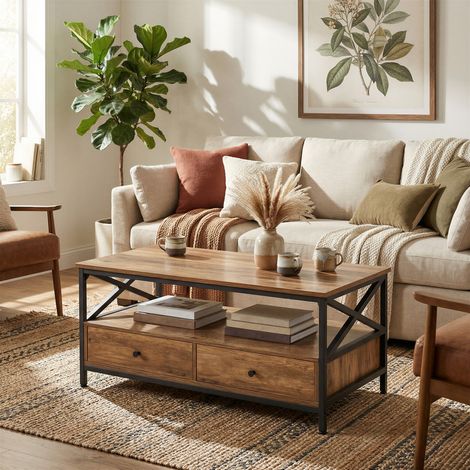 Table Basse, Table de Salon, Buffet Bas, avec 2 Tiroirs et Un Compartiment Ouvert, Cadre en Acier en Forme de X, 100,1 x 55,1 x 45,1 cm, Style Industriel, Noyer (1/5)