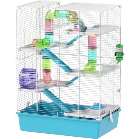 6-stöckiger Hamsterkäfig mit Tunnel, Laufrad, Rampe, Häuschen, Flasche und Futternapf, Blau