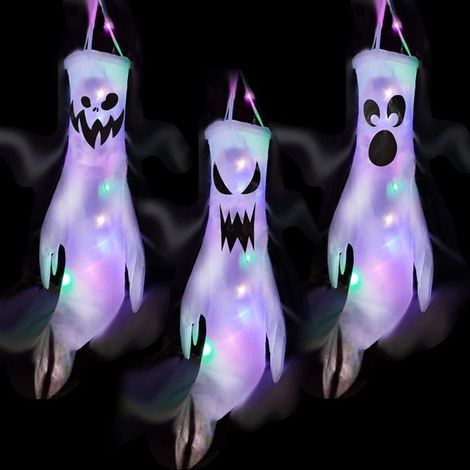 Décorations d'Halloween fantômes avec lumières LED colorées - Lot de 3 - 120 x 50 cm - Décorations en forme de fantôme adaptées (1/5)