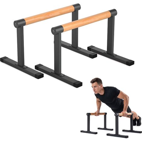 Relaxdays Parallettes in faggio e acciaio, max 120 kg, calisthenics, HxL: 35 x 60 cm, maniglie push-up, nero e naturale (1/5)