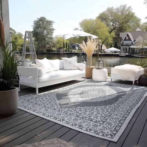 Tapis Oriental réversible résistant aux intempéries et imperméable - Design Vintage - Tapis d'extérieur Oriental pour Jardin, Balcon, terrasse, Salon - Argenté - 200 x 290 cm (1/5)
