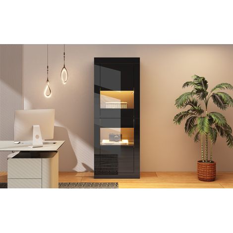 Vitrine en verre noir, avec éclairage LED. Structure en verre. Dimensions : 61×42×162 cm. Vitrine autonome. Meuble de rangement.
