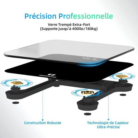 Balance Pèse-Personne Numérique 180 kg, Haute Précision, Verre Trempé 5 mm et Affichage Lumineux, Noir (1/5)