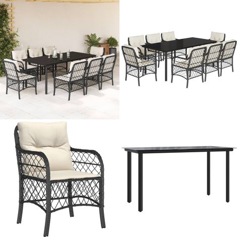 Ensemble à manger de jardin 9pcs coussins noir résine tressée - Coussins de jardin - Table extérieure (1/5)