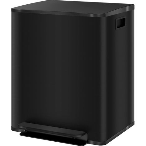 Poubelle de cuisine 2 compartiments de 2 x 25L, acier inoxydable, couvercle à fermeture douce, 47,7x37,5x56cm, noir (1/5)