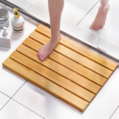 Tapis de Bain en Bambou Rectangulaire Naturel 54 x 36 cm antidérapant imperméable Tapis de Sol de Douche en Bois pour Salle de Bain Sauna Spa extérieur (1/5)