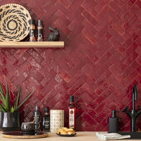 Zellige véritable Carrelage Artisanal - 5x15 cm - Rouge Lie de vin (vendu par boîte de 0,5m²)
