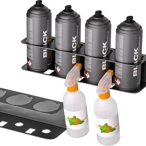 Support de rangement en fer noir en forme de L — Porte-flacon pulvérisateur à 4 trous — Organiseur mural pour outils d'atelier (1/5)
