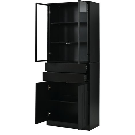 Vitrina LED 70 x 34 x 180 cm con puertas de cristal, 2 cajones y 4 puertas, negro (1/5)