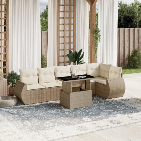 Salon de jardin 7 pièces en résine tressée beige avec coussins lavables et table réglable 100x55 cm (1/5)