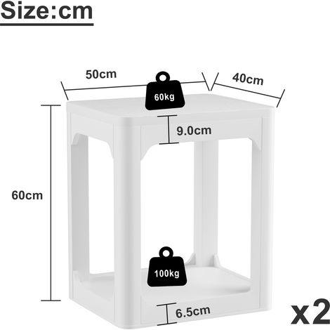 Set de 2 tables d’appoint blanches avec plateau épais 3 cm et double étagère, 50 x 40 x 60 cm (1/5)