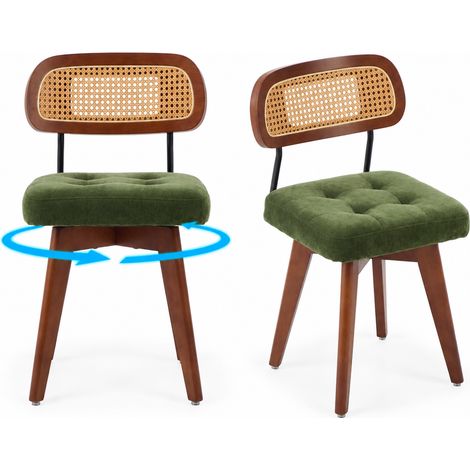 FurnitureR Lot de 2 chaises pivotantes vertes en chenille avec dossier cannage (1/5)