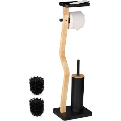 Serviteur WC Non Fixe, Support téléphone, H x L x P : 80,5 x 23 x 18 cm, pour Salle de Bain, Noir et Nature (1/5)
