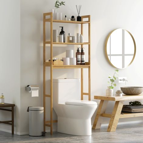 Meuble de salle de bain à suspendre aux toilettes avec 3 étagères et tapis antidérapants 68 x 20 x 165 cm Naturel (1/5)