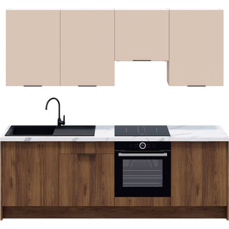 Ensemble de 8 meubles de cuisine - L. 245 cm - noyer brun et cachemire - Sierra Mix (1/5)