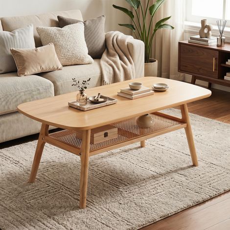 COSTWAY Table Basse Bois avec Étagère en Rotin (Naturel) (1/5)