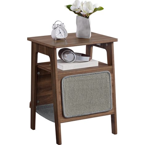Homevive Mesita Auxiliar de Madera con Casa para Gatos Tablero Rascador Mueble de Almacenamiento para Salón Dormitorio Balcón Marrón Nogal (1/5)