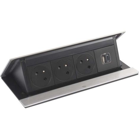 Legrand – Bloc prise encastrable pop up à ouverture automatique – 1 prise secteur + 2 USB – Longueur 145.6 mm – Design ultra-fin pour surfaces variées