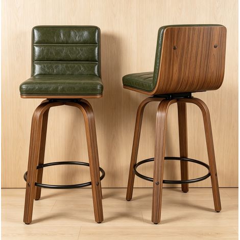 Taburete de bar verde con polipiel PU y patas curvas de madera (1/5)