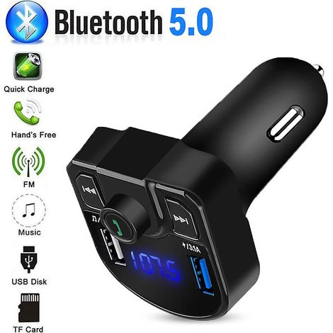 Kit mains libres Bluetooth 4.2 pour lecteur MP3, émetteur FM, compatible carte TF et clé USB, chargeur rapide double USB QC2.0/3.1a, adaptateur secteur inclus. (1/4)