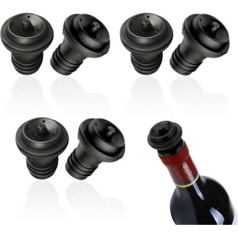 Lot de 6 bouchons réutilisables silicone pour bouteilles vin et champagne, conservation fraîcheur, noir. (1/5)