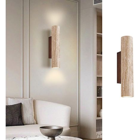 Natural Marble Wall Light Nordic Yellow Travertine Lampshade Double Socket E27 Vintage Japanese Style Wabi-Sabi Suitable for Living Room Dining Room Hallway (32cm) (1/5)