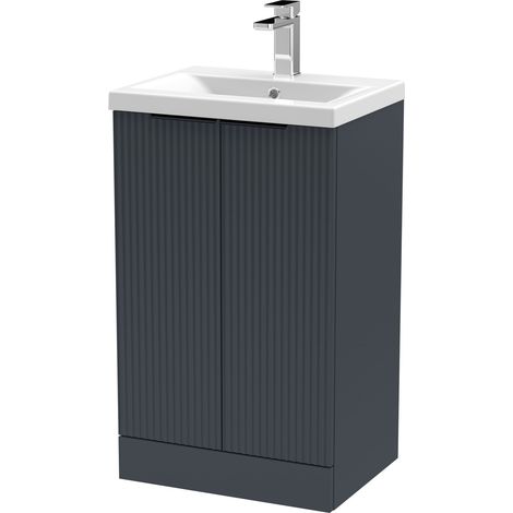 Fluted Front Floor Standing 2 Soft Close Door Bathroom Vanity Unit with 1 Tap Hole Basin, 500mm, Dark Grey, Black Handles