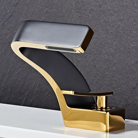 Black and gold basin mixer tap, single-handle waterfall spout for a modern and elegant bathroom (1/5)