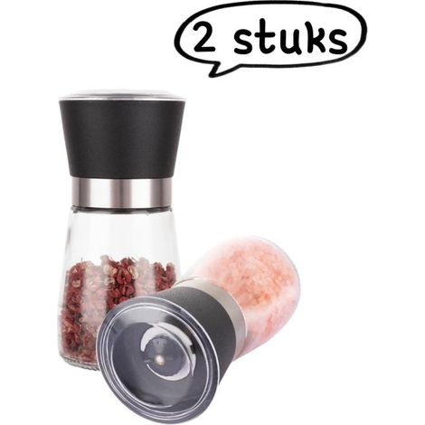 Set di 2 macinapepe e sale manuali - Acciaio inox 304, nucleo in ceramica, barattolo in vetro - Modello corto - Nero/Bianco (1/5)