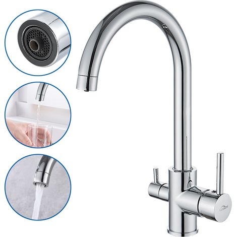 Auralum Grifo de Cocina 3 Vías Osmosis, Grifo Cocina Osmosis 3 Vías con 2 Salidas, Grifo para Fregadero Giratorio a 360°, Grifo de Cocina para Agua Potable con Palanca Doble (1/5)